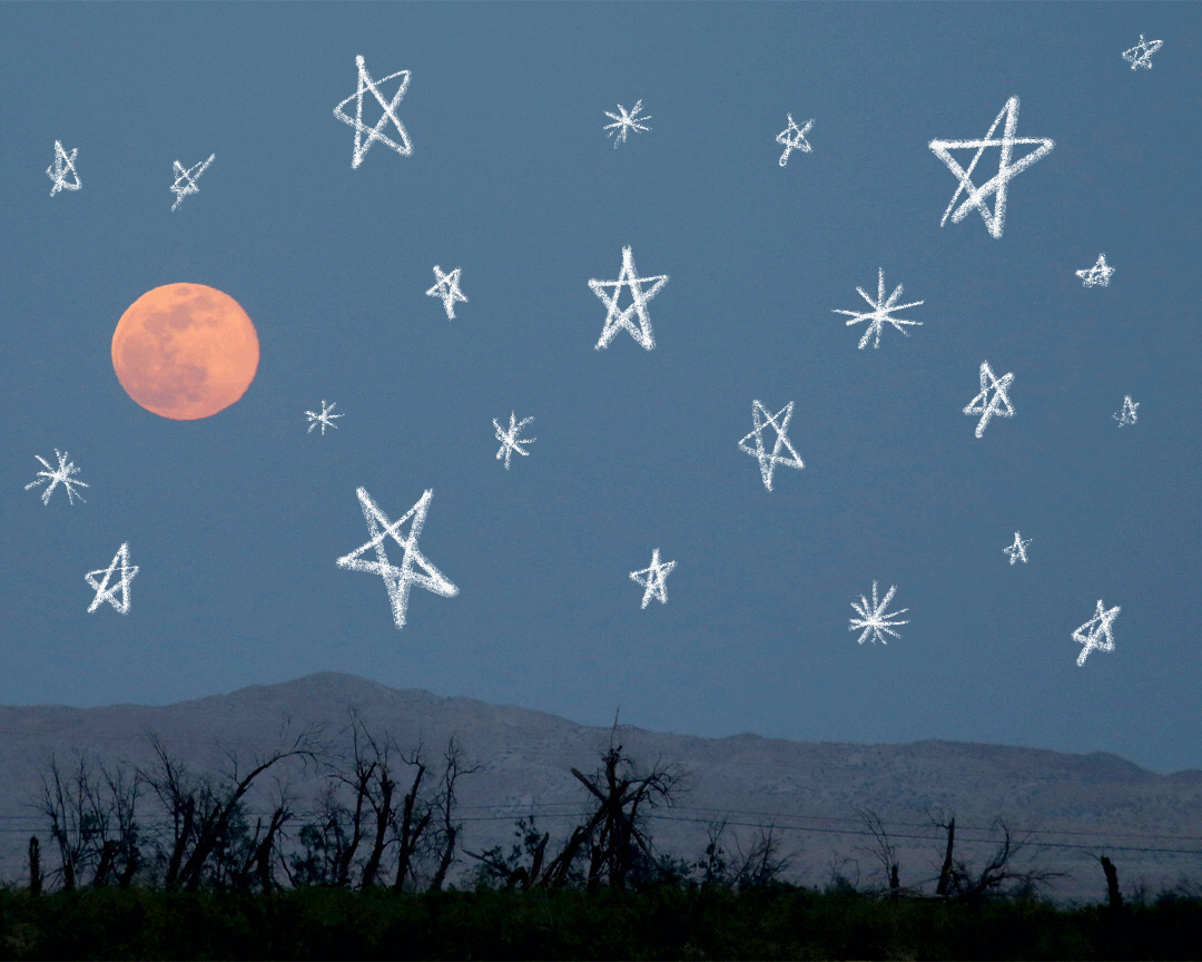 An illustration of twinkling stars atop a photo of a desert scape at night.