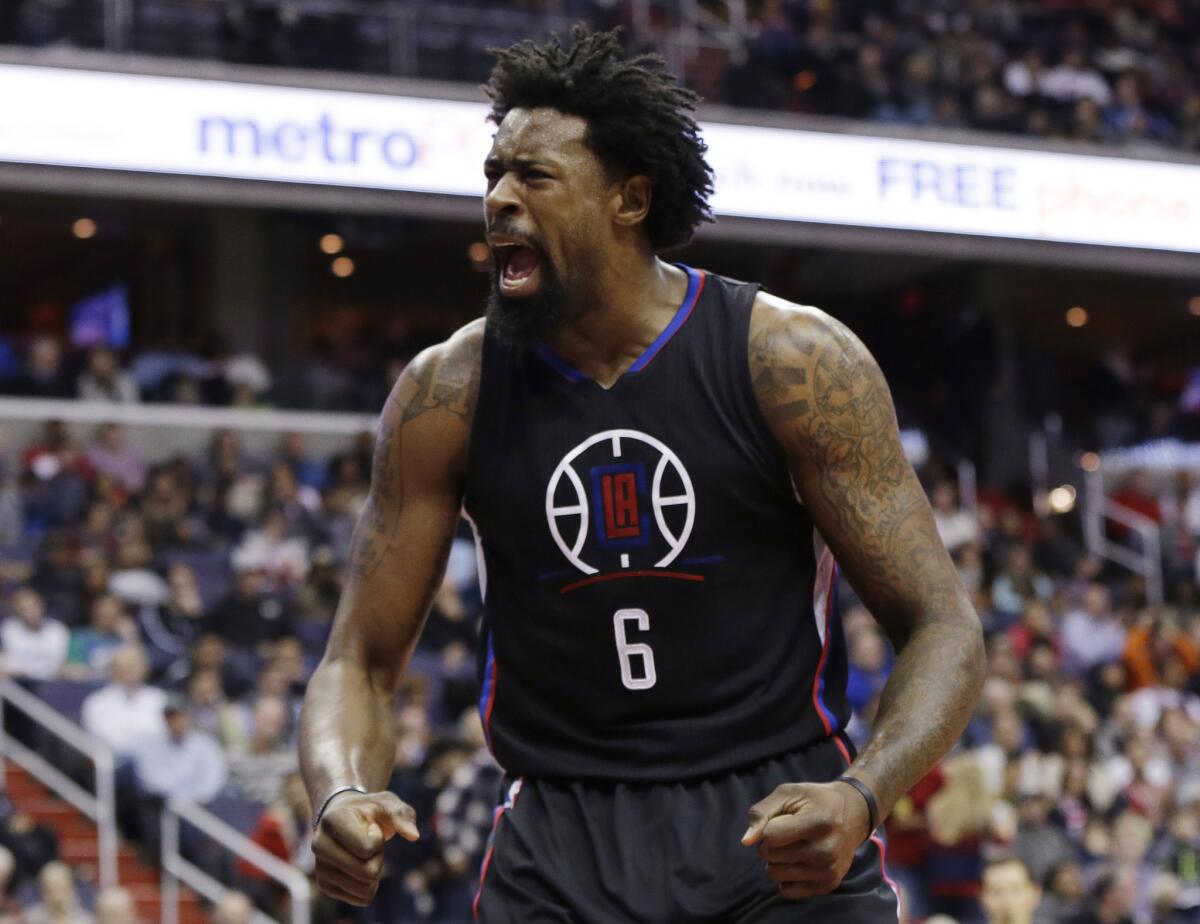 Clippers center DeAndre Jordan reacts to a call during the second half of a game against the Wizards.
