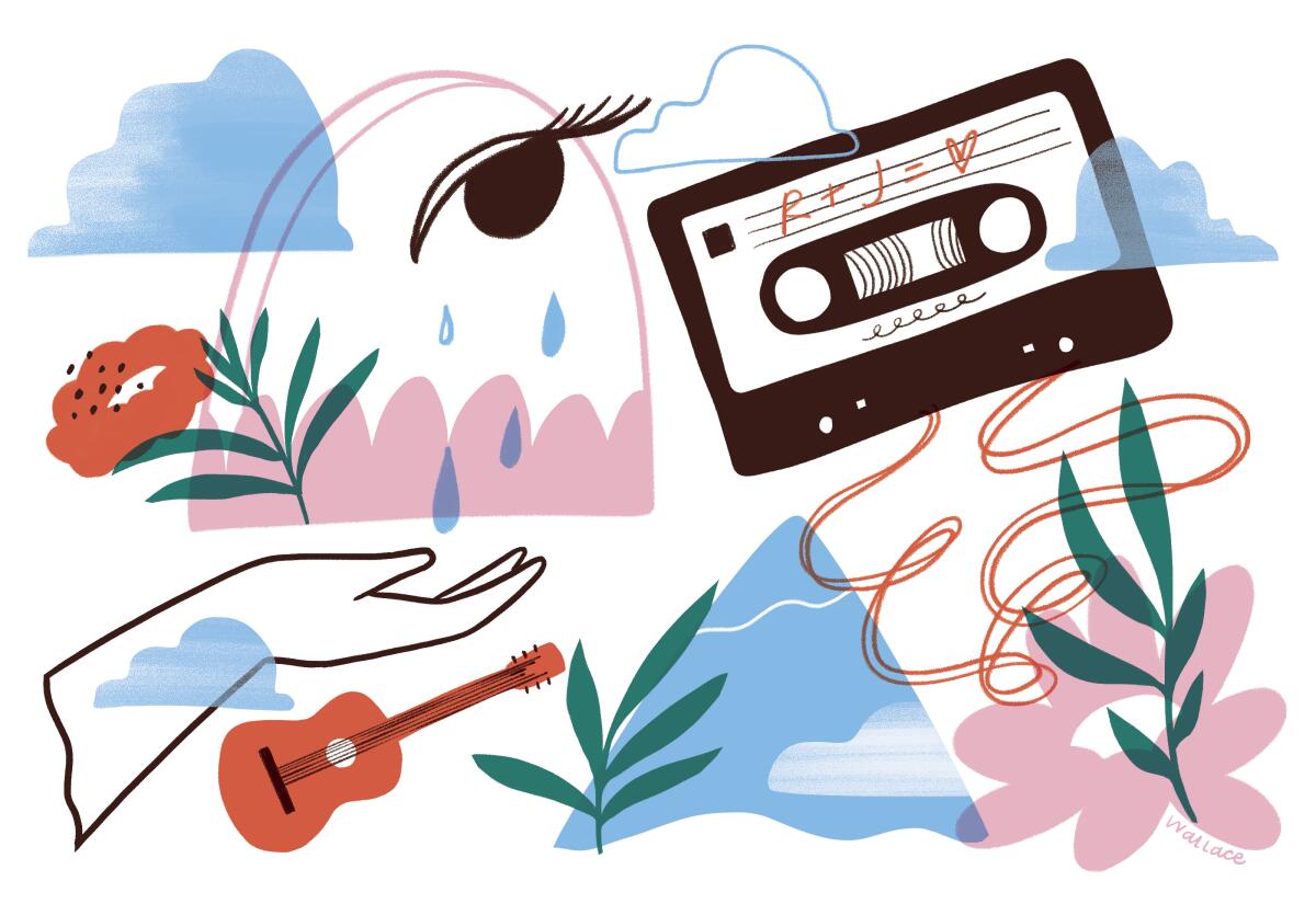 An illustration of tears, an outstretched hand, a guitar and an unwound cassette tape