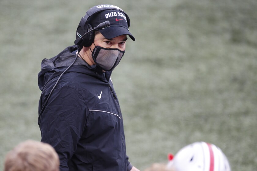 Ohio State coach Ryan Day talks to his players against Indiana on Nov. 21, 2020, in Columbus, Ohio.