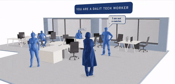 GIF illustration shows figures in an office setting with the wording "You are a Dalit tech worker."