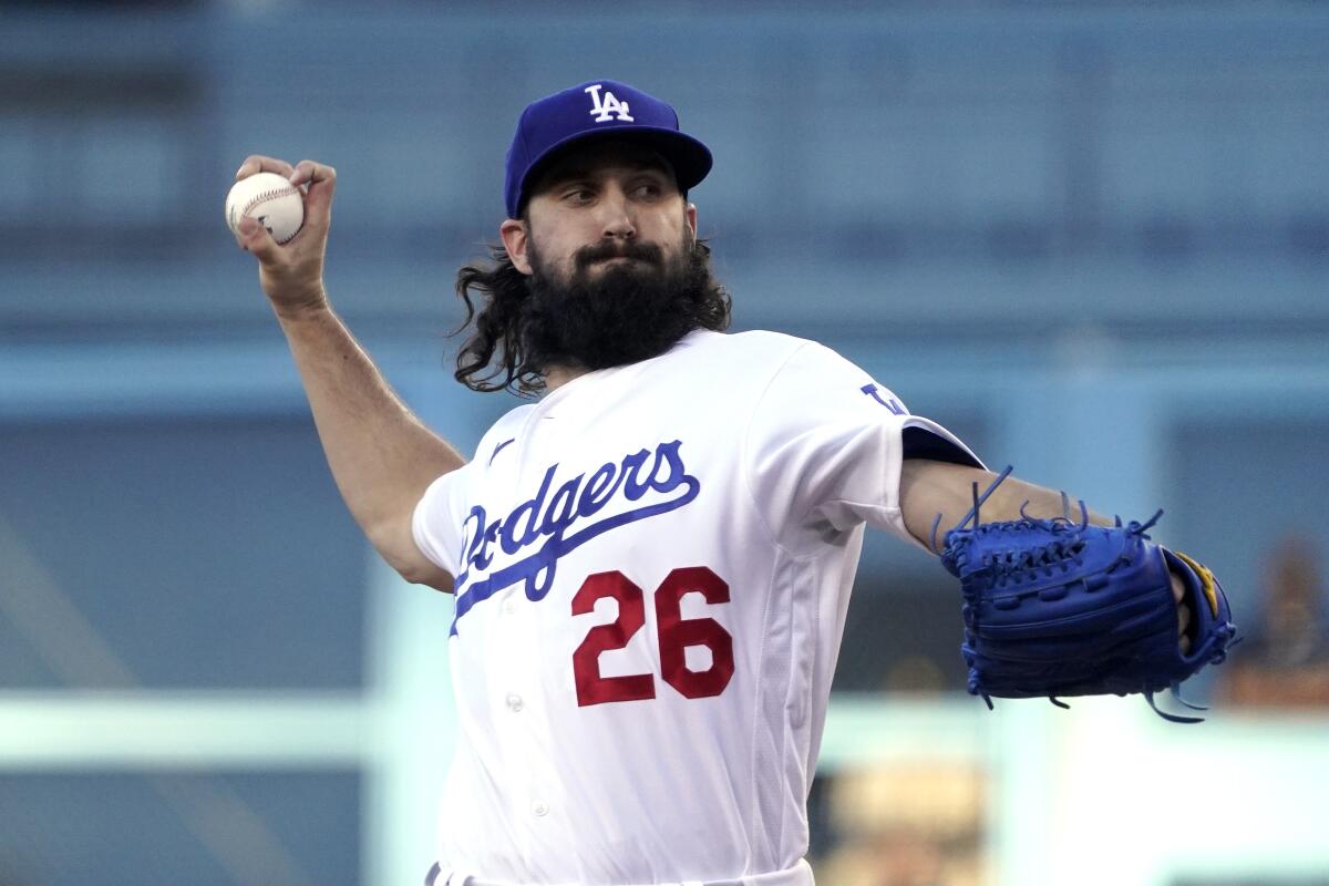 Los Angeles Dodgers starting pitcher Tony Gonsolin throws to the plate during the first inning of a baseball game against the San Diego Padres Friday, July 1, 2022, in Los Angeles. (AP Photo/Mark J. Terrill)