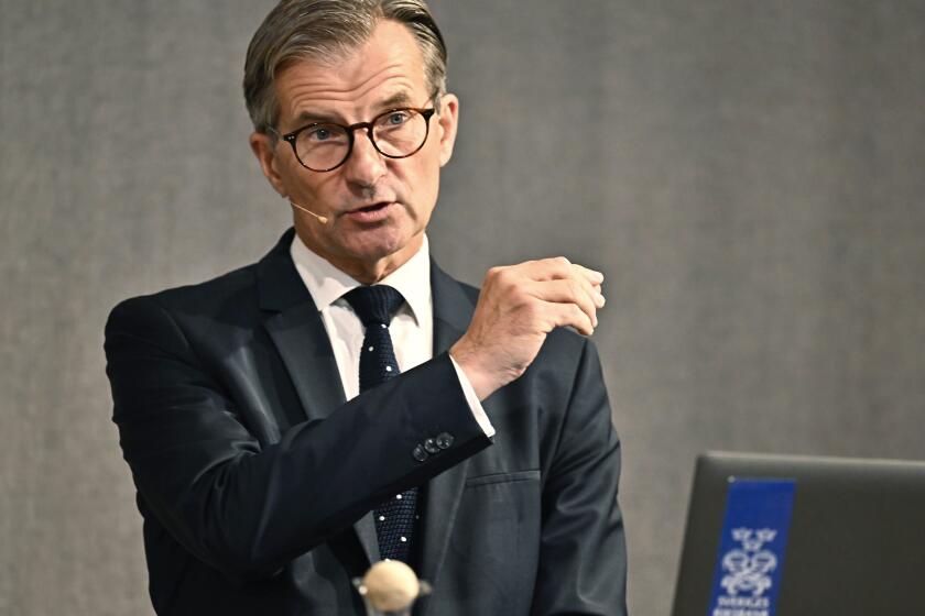 Governor of the Riksbank Erik Thedeen gestures during a press conference, in Stockholm, Thursday, Sept. 21, 2023. Sweden’s central bank has raised its key interest rate, saying the “inflationary pressures in the Swedish economy are still too high.” However, there were signs that the inflation had begun to fall. The Riksbank raised its policy rate Thursday by a quarter of a percentage point to 4% and says it could be raised further. (Jonas Ekstromer/TT News Agency via AP)