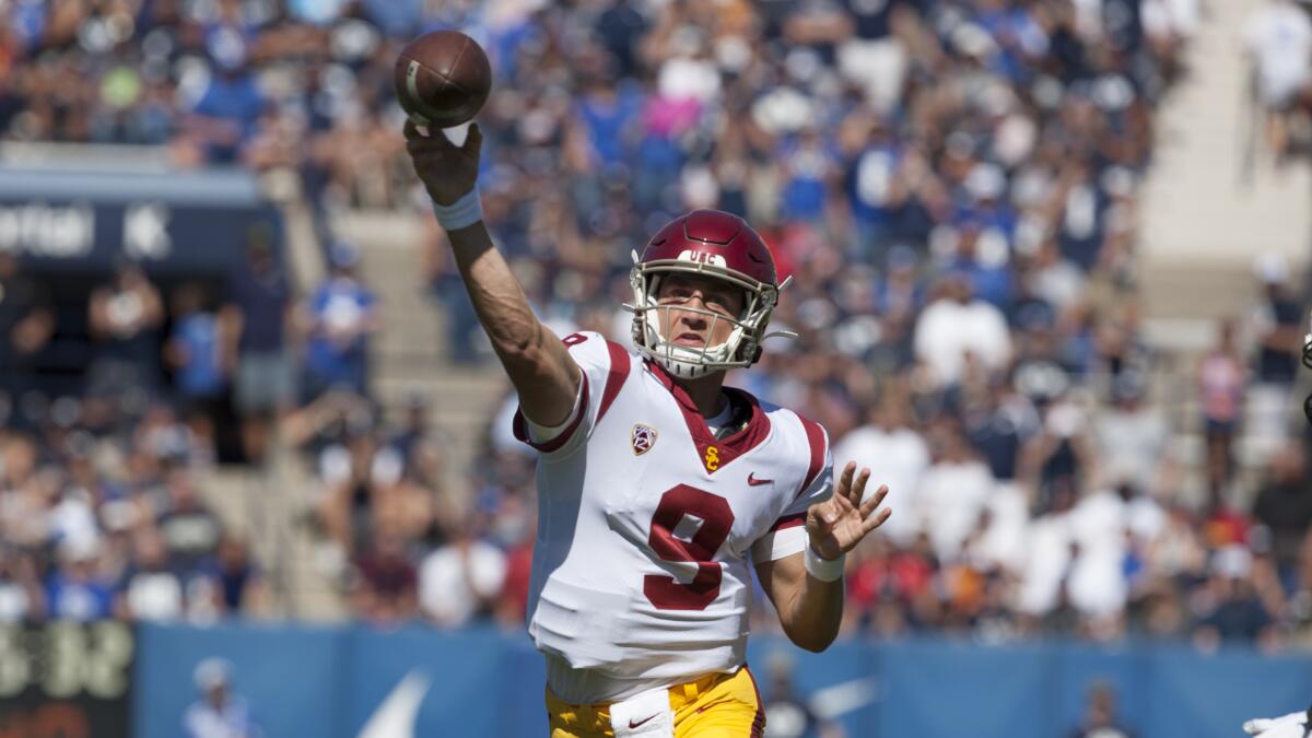USC quarterback Kedon Slovis throws a pass during the Trojans' 30-27 overtime loss to BYU on Saturday.