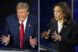 This combination of photos shows Republican presidential nominee former President Donald Trump, left, and Democratic presidential nominee Vice President Kamala Harris during an ABC News presidential debate at the National Constitution Center, Tuesday, Sept. 10, 2024, in Philadelphia. (AP Photo/Alex Brandon)