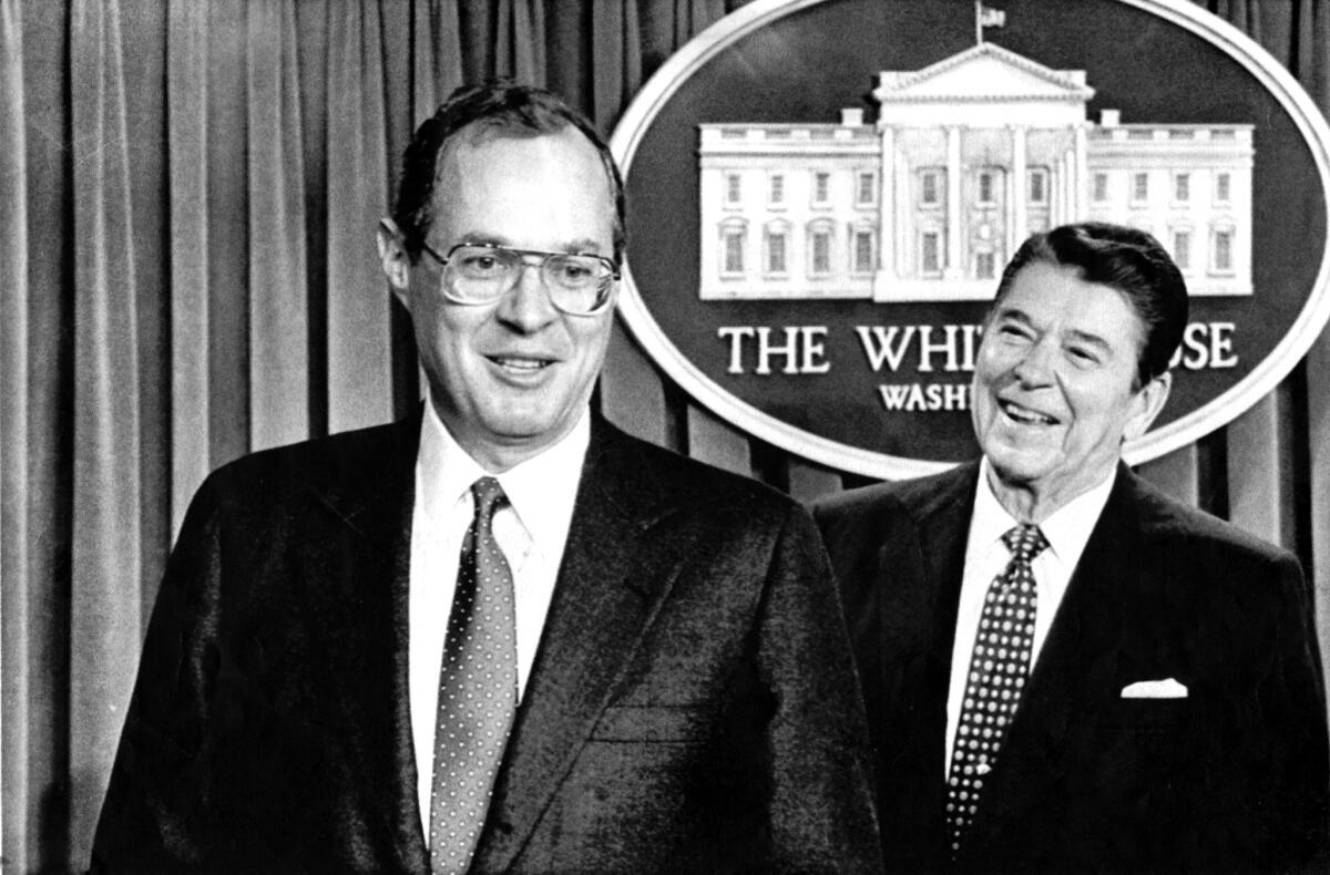 President Reagan introduces Anthony M. Kennedy, his Supreme Court nominee, in November 1987.