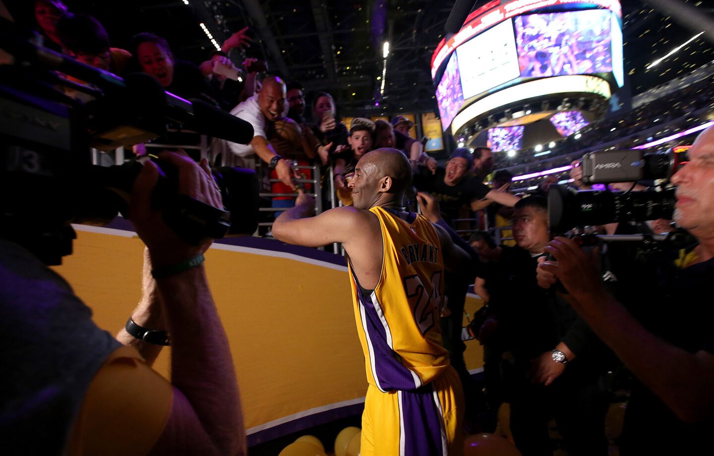 Kobe Bryant feels the love of the fans at Staples Center following his final game.