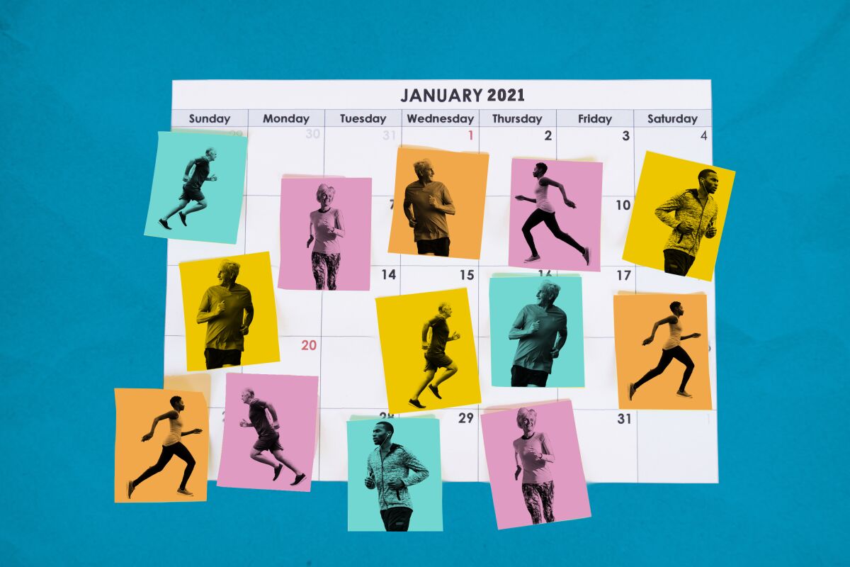 An illustration shows runners on various days of a January 2021 calendar page.