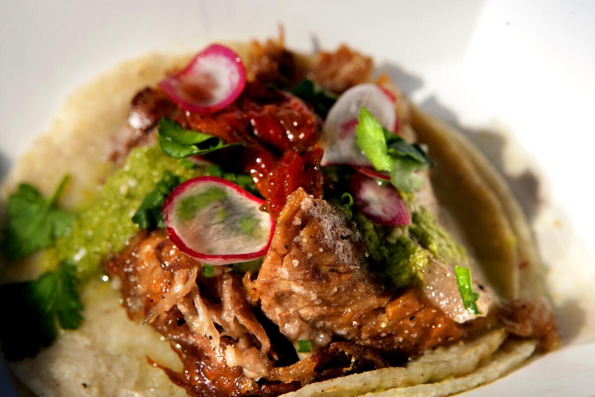 A pork belly taco from the Guerrilla Tacos, a tiny operation that pops up a few days a week around the corner from Handsome Coffee Roasters in downtown Los Angeles.