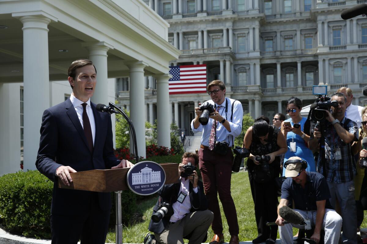 Jared Kushner, Trump's son-in-law and a senior advisor, makes a statement at the White House after being interviewed by the Senate Intelligence Committee on July 24, 2017.