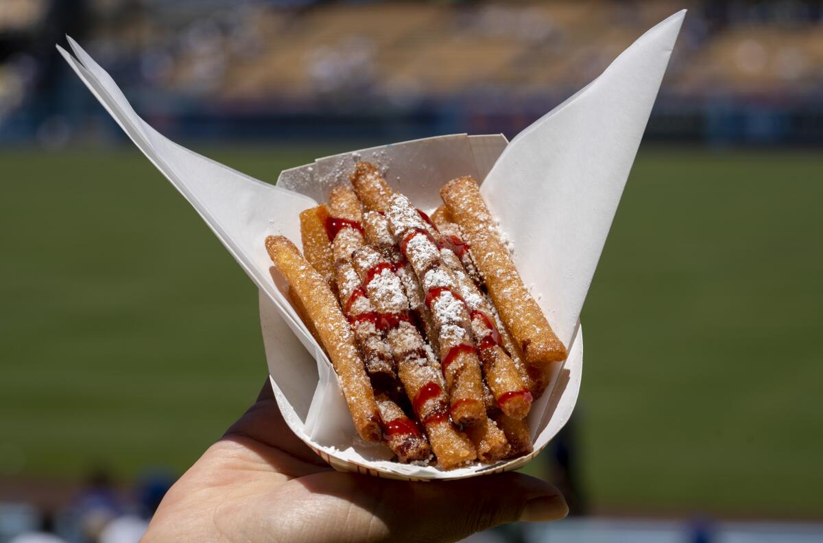 Funnel fries located in the field section at Dunkin' Trolley Treats at Dodger Stadium.