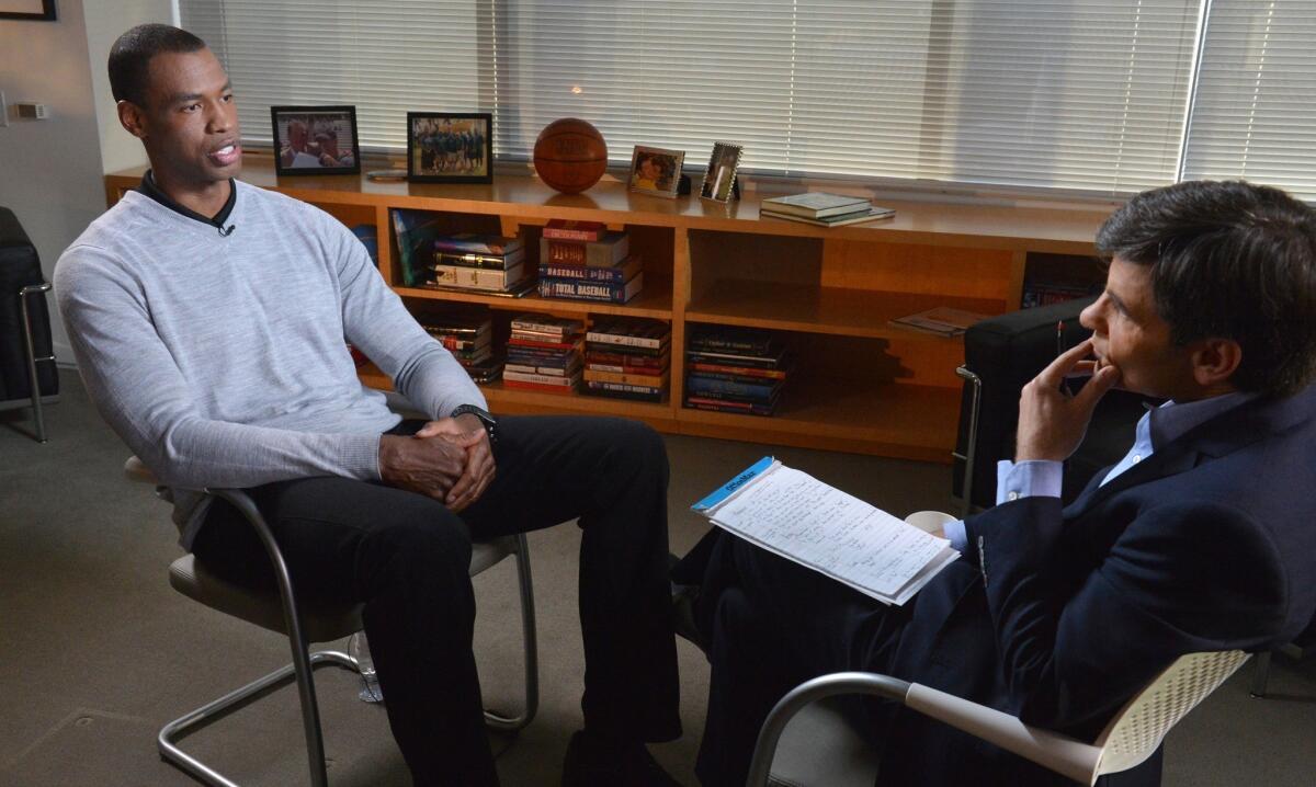 NBA center Jason Collins, left, spoke to ABC News' George Stephanopoulos on Monday night after becoming the first active male athlete in a pro team sport to publicly come out as gay.