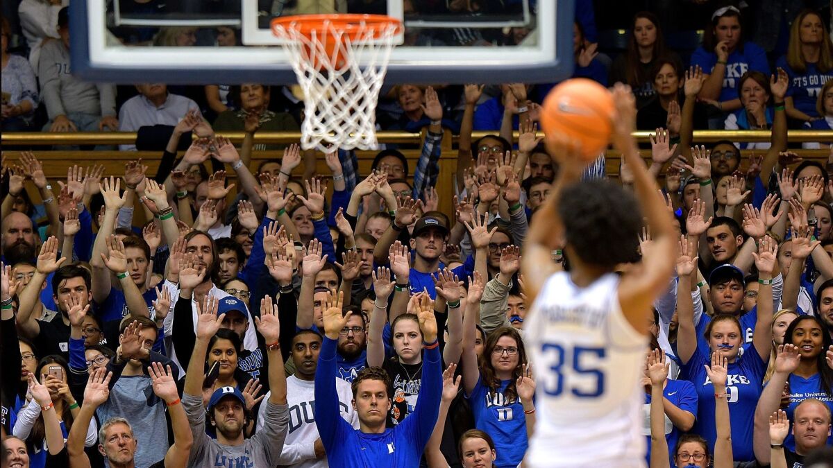 A Duke Blue Devils athlete shoots a free throw against the Southern University Jaguars during their game in Durham, N.C. on Nov. 17, 2017.