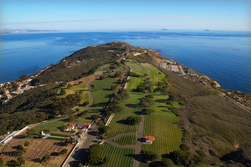 Aerial view of Fort Rosecrans National Cemetery and Point Loma and Coronado Islands.