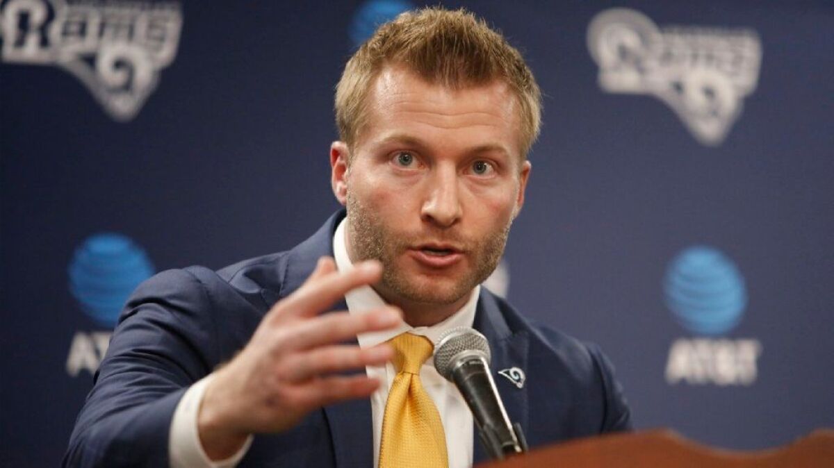 Rams Coach Sean McVay answers a questions during his introductory news conference on Jan. 13.