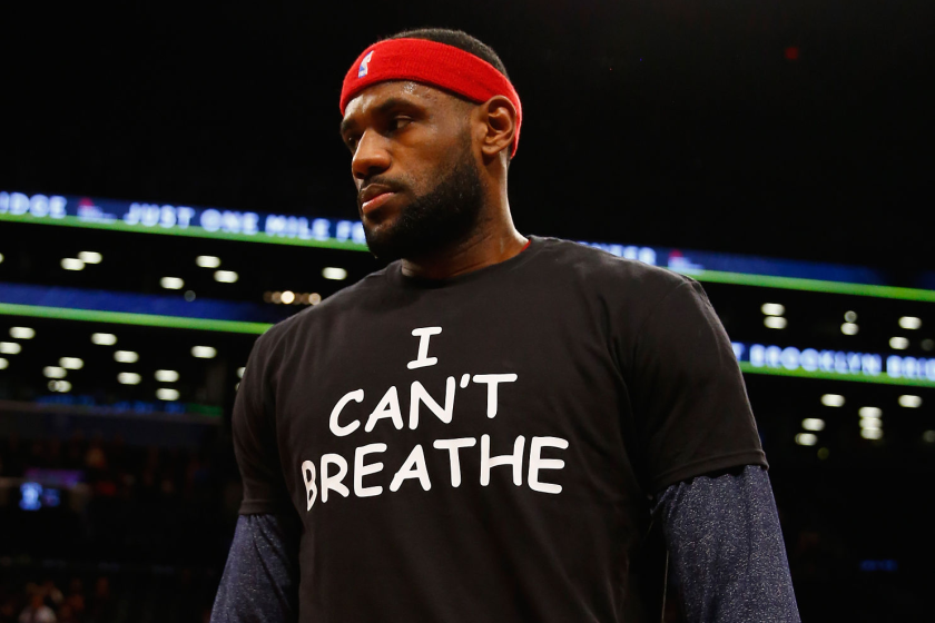NEW YORK, NY - DECEMBER 08: LeBron James #23 of the Cleveland Cavaliers wears an "I Can't Breathe" shirt during warmups before his game against the Brooklyn Nets during their game at the Barclays Center on December 8, 2014 in New York City. NOTE TO USER: User expressly acknowledges and agrees that, by downloading and or using this photograph, User is consenting to the terms and conditions of the Getty Images License Agreement. (Photo by Al Bello/Getty Images)