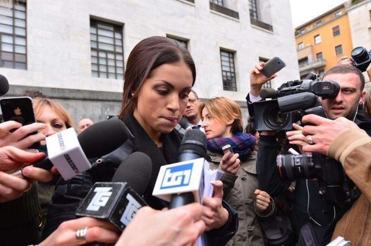 Former exotic dancer Karima El Mahroug, who was nicknamed Ruby Heart-Stealer, made a tearful statement Thursday outside the Italian courthouse where former Prime Minister Silvio Berlusconi is due to be tried on charges of paying for sex with her when she was still a minor.