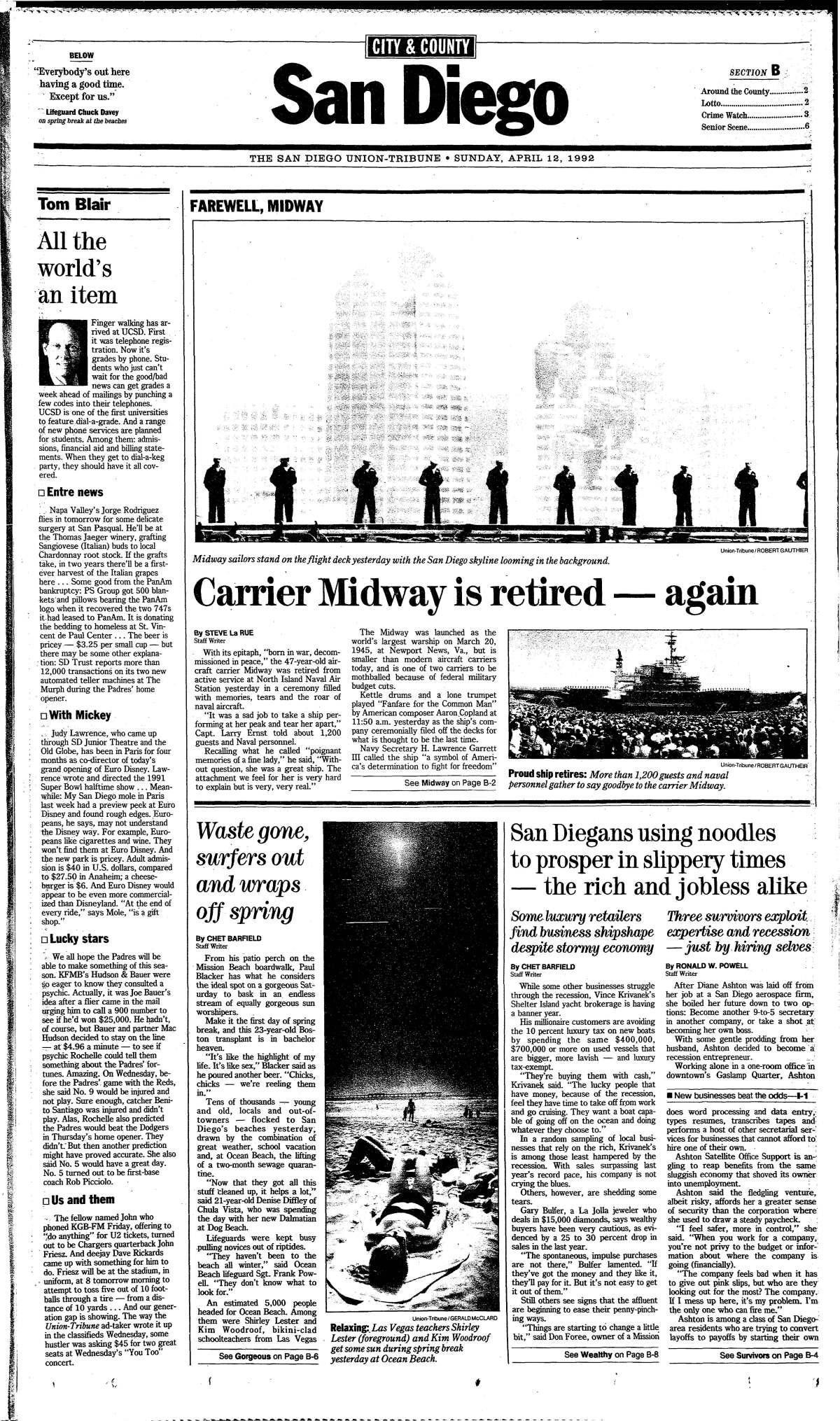Front page of The San Diego Union-Tribune's April 12, 1992 local section.