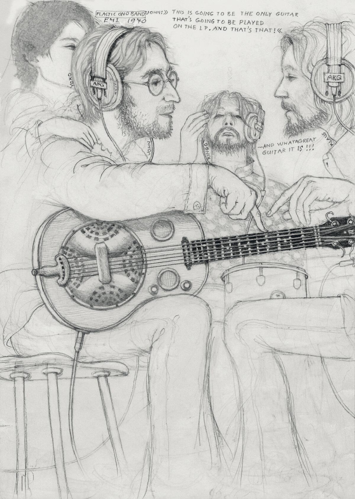  A Klaus Voormann illustration of musicians in the 'John Lennon / Plastic Ono Band' sessions.