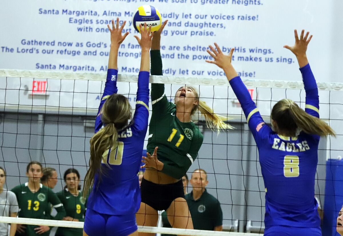 Edison's Summer Witherby (11), seen against Santa Margarita on Sept. 1, had nine kills in a win over Marina.