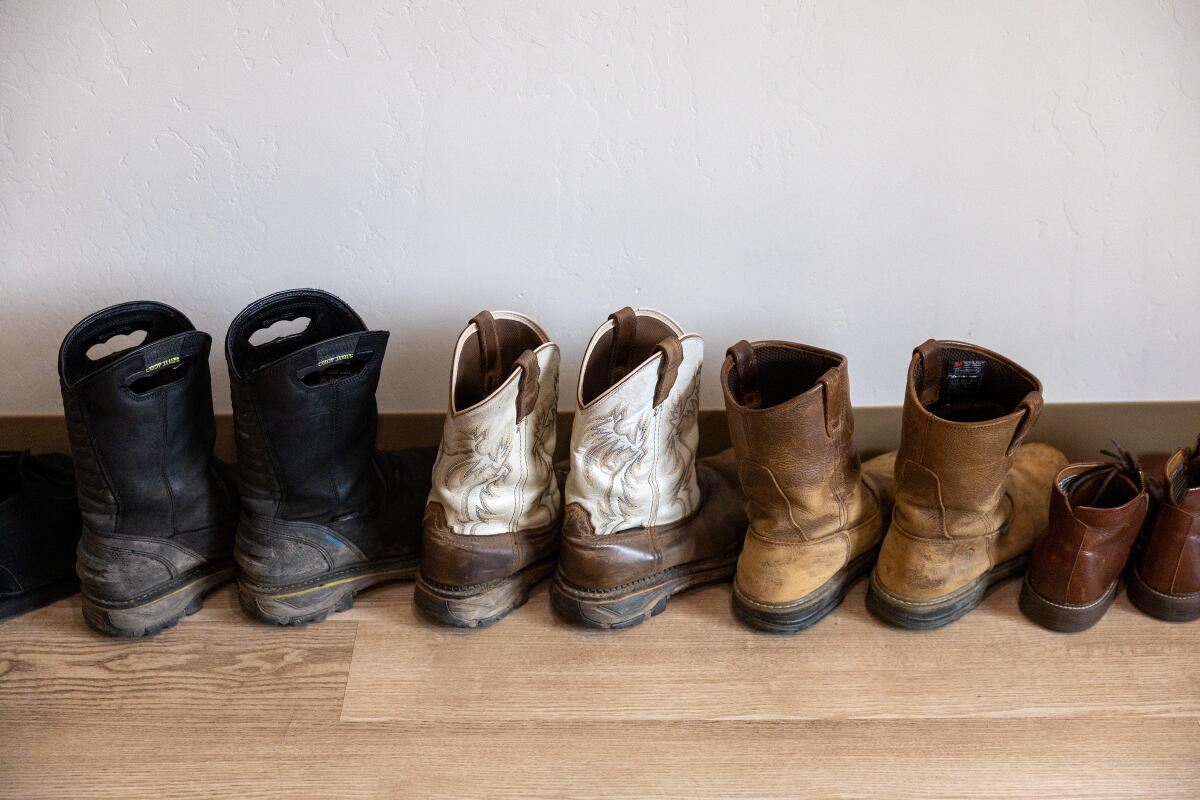 A close-up of boots neatly lined up along the wall of an apartment. 