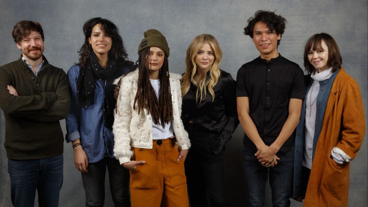 Actor John Gallagher Jr., director Desiree Akhavan, actress Sasha Lane, actress Chloe Grace Moretz, actor Forrest Goodluck and actress Emily Skeggs from the film, "The Miseducation of Cameron Post"