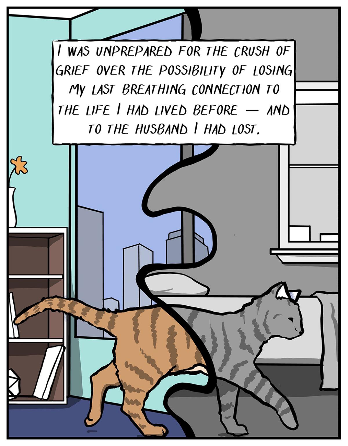 Illustration of a cat walking inside a home