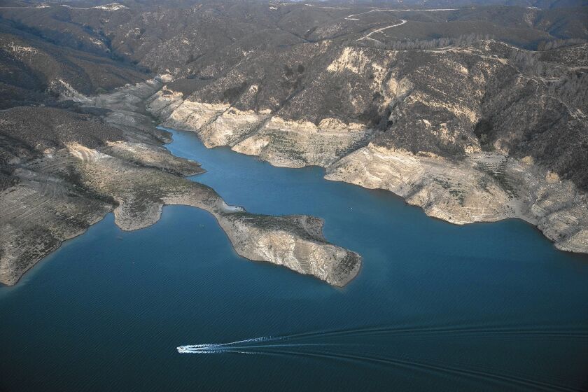 Castaic Lake's depressed level is evident in this aerial photo from June.