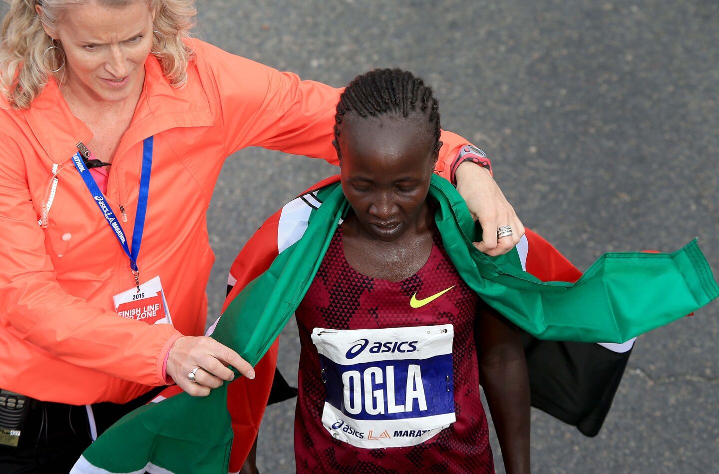 SANTA MONICA, CALIF. - MAR. 15, 2015. Ogla Kimayao of Kenya wins the women's elite division of the 30th Los Angeles Marathon on Sunday, Mar. 15, 2015. (Luis Sinco/Los Angeles Times)