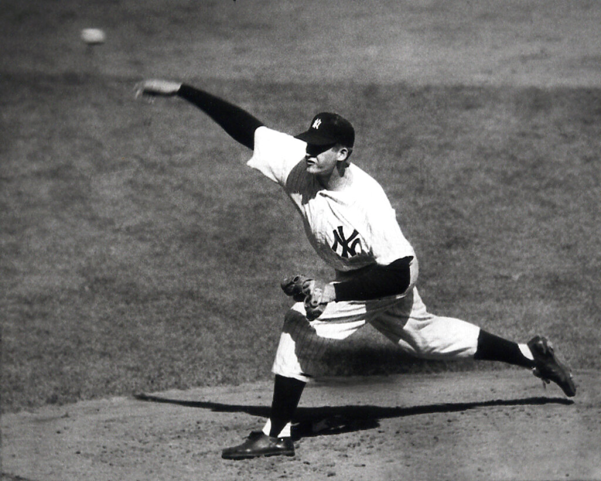 New York Yankees pitcher Don Larsen delivers during his perfect game in Game 5 of the 1956 World Series.
