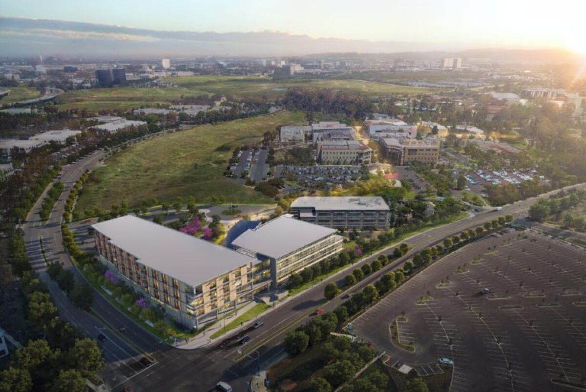 UC Irvine's planned 9-acre health sciences complex at the corner of Bison and California avenues will feature new homes for the Susan and Henry Samueli College of Health Sciences and the Sue and Bill Gross School of Nursing.