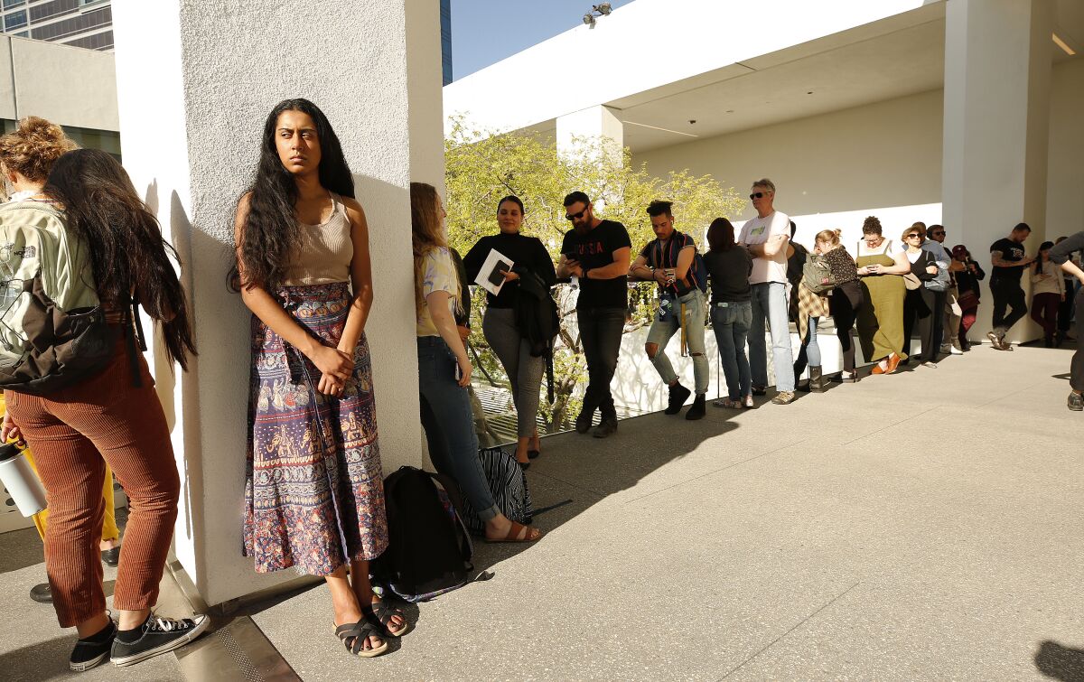 UCLA students and others waited nearly two hours to vote on March 3, 2020 at the UCLA's Hammer Museum.