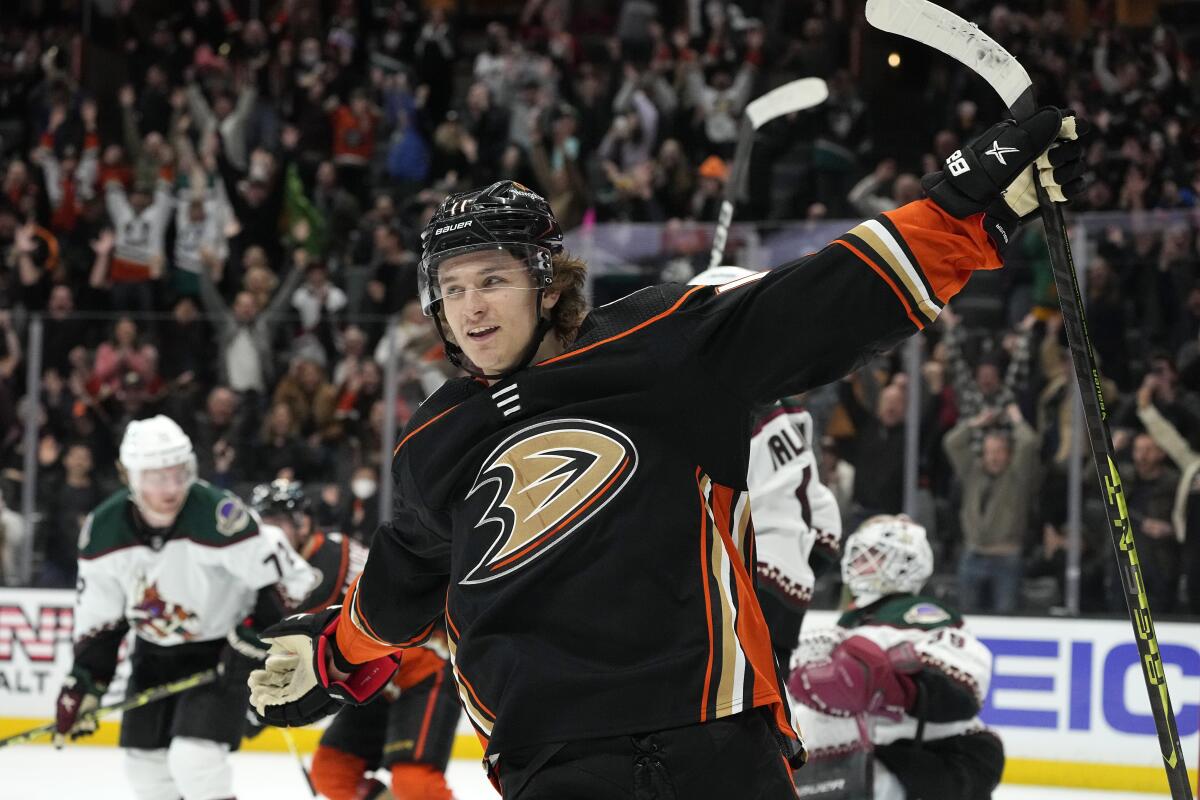 Ducks center Trevor Zegras rejoices after scoring the overtime winner against the Arizona Coyotes on Jan. 28, 2023.