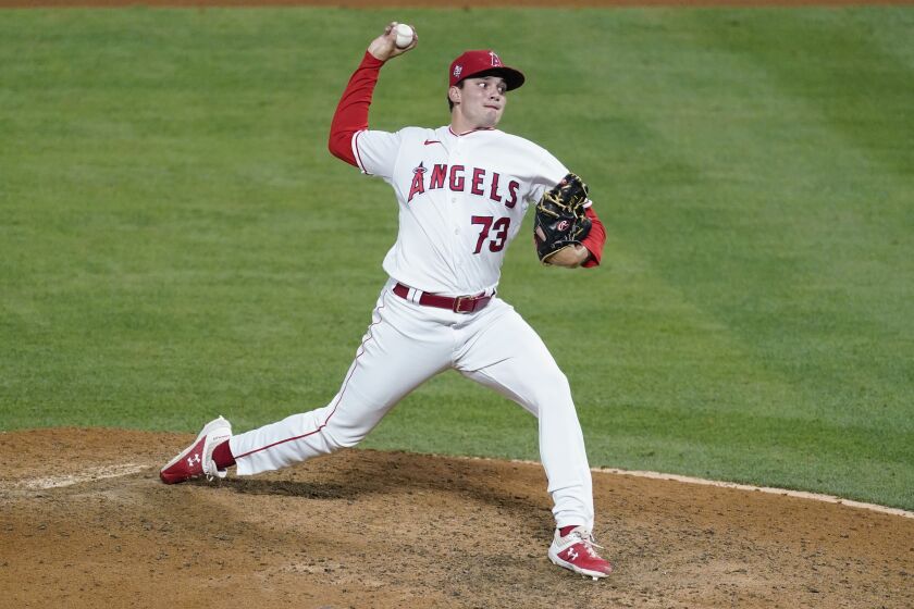 Los Angeles Angels relief pitcher Chris Rodriguez (73) throws during a baseball game.
