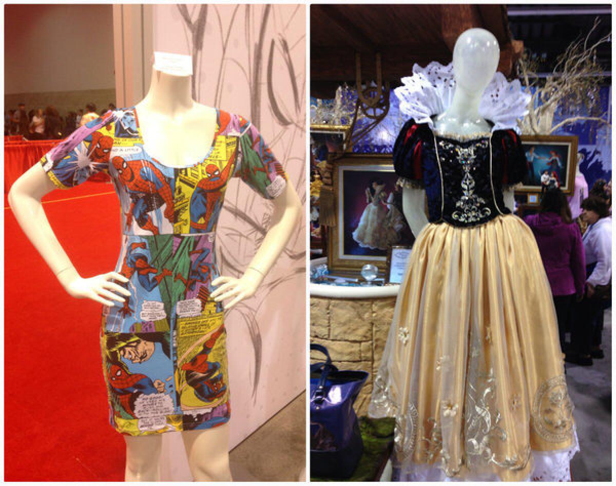 A Spider-Man dress, left, and limited-edition Snow White costume were among the wardrobe wares on display at last weekend's D23 Expo at the Anaheim Convention Center.