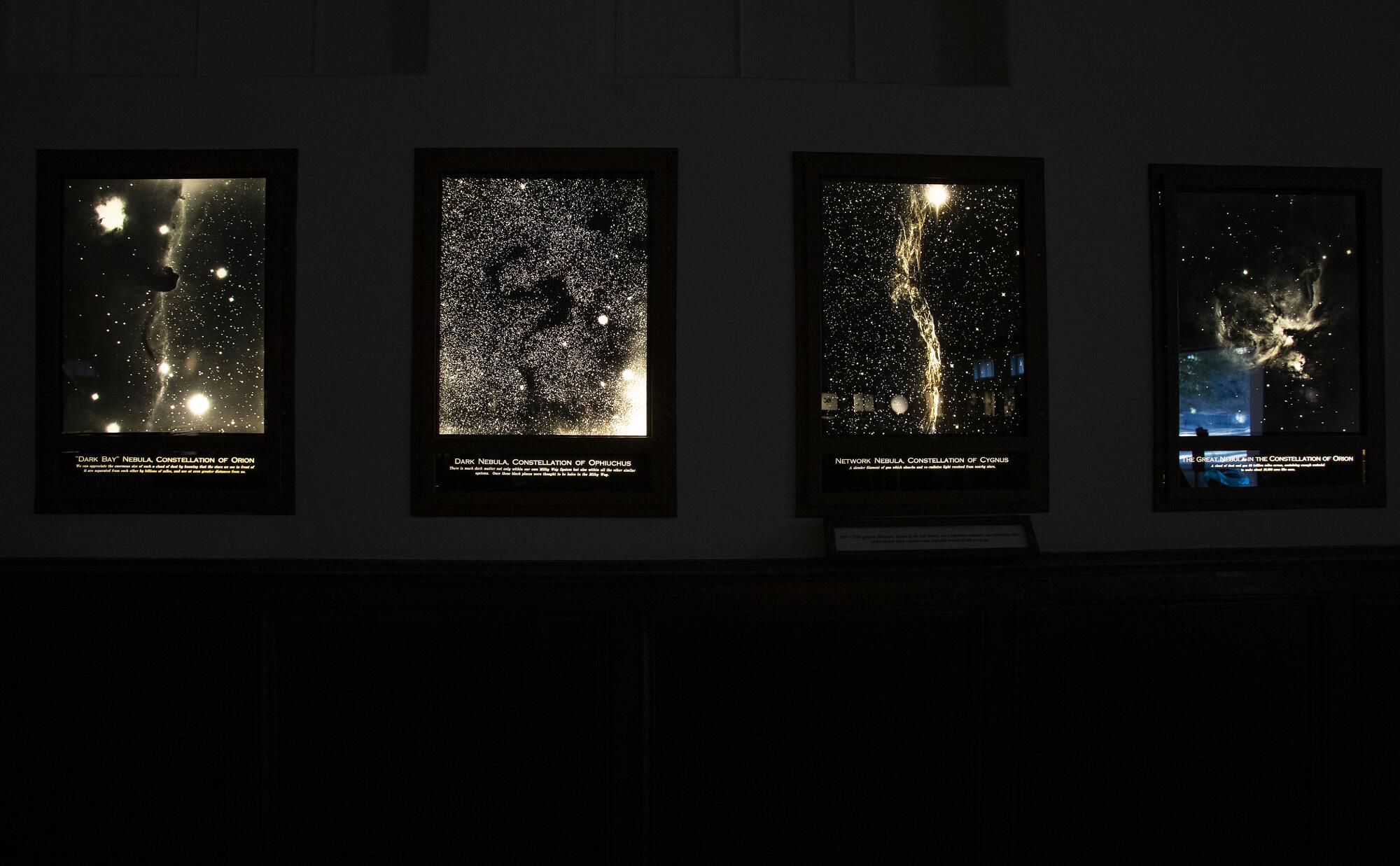 High-quality photographs of constellations hang on the walls inside the Astronomical Museum at Mt. Wilson Observatory.