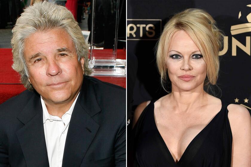 Left, Producer John Peters poses at the ceremony honoring him with a star on the Hollywood Walk of Fame May 1, 2007. And right, actress Pamela Anderson in Paris on May 19, 2019. (Vince Bucci; Franck Fife / AFP /Getty Images)