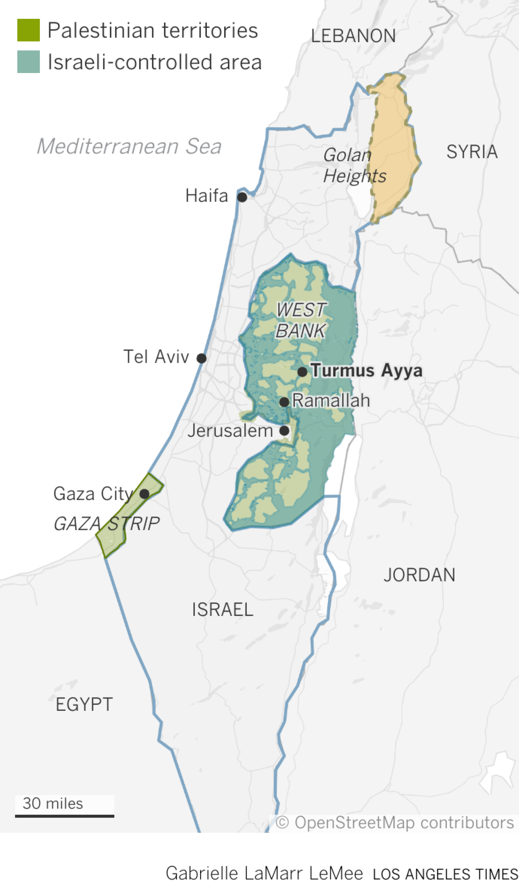 地图显示巴勒斯坦西岸的图尔穆斯·阿亚 (Turmus Ayya) 与以色列、巴勒斯坦领土和戈兰高地的关系。 
