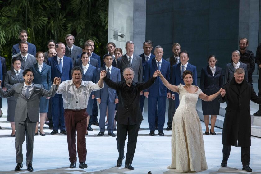 Valery Gergiev, center, receiving accepting the bravos at curtain call for “Simon Boccanegra” at the Salzburg Festival.