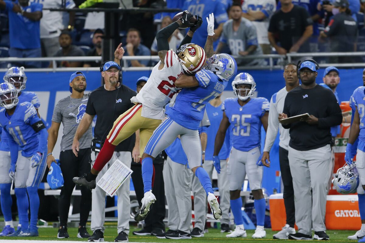 San Francisco 49ers cornerback Dontae Johnson breaks up a pass intended for Detroit Lions wide receiver Trinity Benson (17) in the second half of an NFL football game in Detroit, Sunday, Sept. 12, 2021. (AP Photo/Duane Burleson)