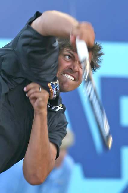 The Newport Beach Breakers' Taylor Dent, a former Corona del Mar High standout, rips a serve against the Washington Kastles.