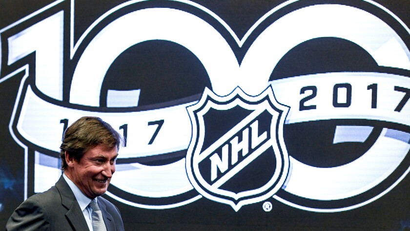 Legendary hockey player Wayne Gretzky is introduced during a news conference to discuss the 100th anniversary of the NHL.