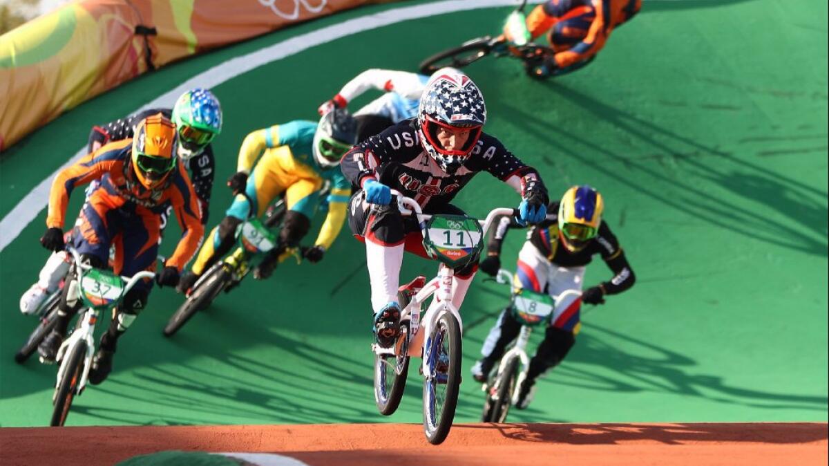 Connor Fields of the United States races during the men's BMX final on Aug. 19 in Rio de Janeiro.