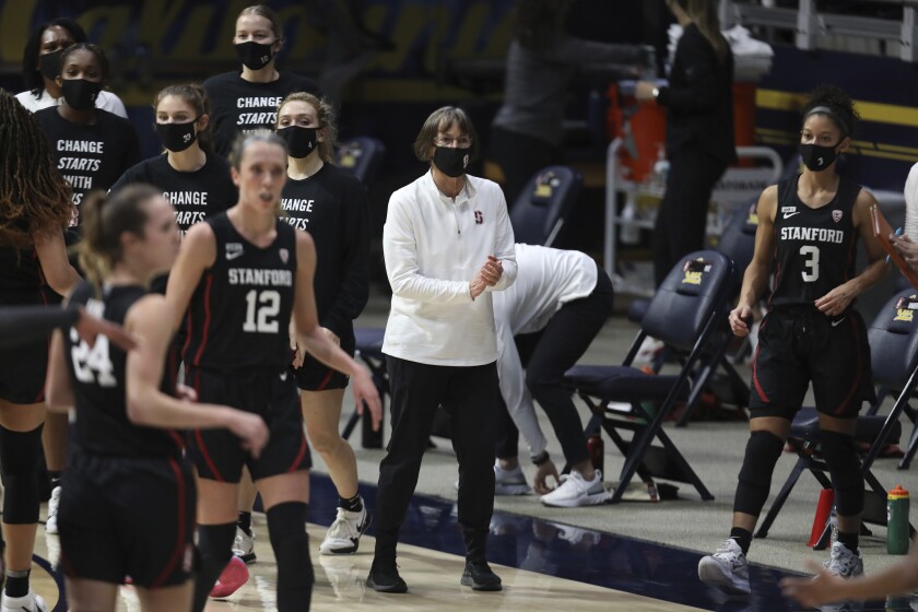 Stanford head coach Tara VanDerveer coaches against California during the first half of an NCAA college basketball game, Sunday, Dec. 13, 2020, in Berkeley, Calif. (AP Photo/Jed Jacobsohn)