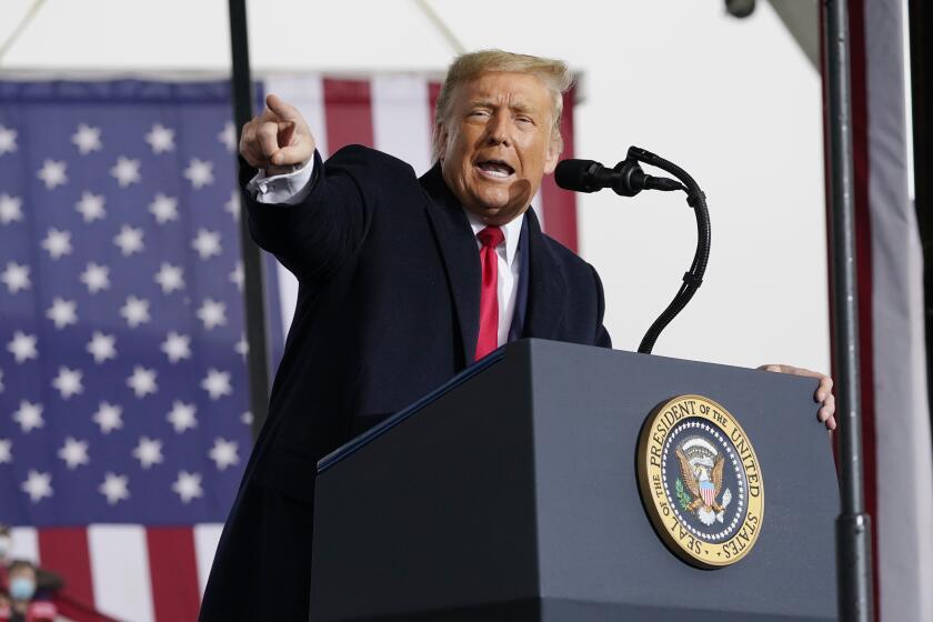 President Donald Trump speaks at a campaign rally at HoverTech International, Monday, Oct. 26, 2020, in Allentown, Pa. (AP Photo/Alex Brandon)