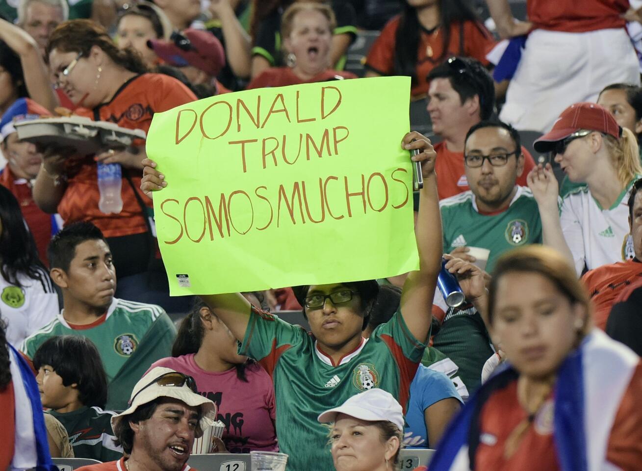 A fan holds a sign during the second half of a CONCACAF Gold Cup soccer match between Mexico and Costa Rica Sunday, July 19, 2015, at MetLife stadium in East Rutherford, N.J. (AP Photo/Bill Kostroun)