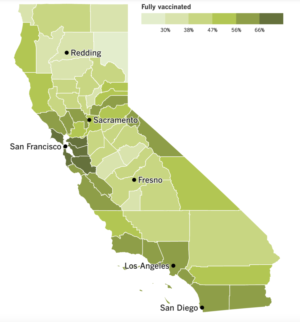 A map showing California's COVID-19 vaccine progress by county.