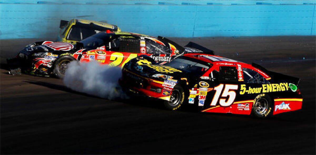 Clint Bowyer (15) and Jeff Gordon (24) collide on track.