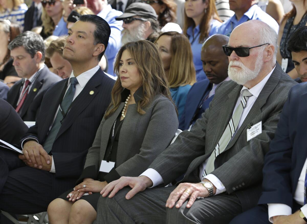 California Secretary of State Alex Padilla, Assemblywoman Nora Campos, D-San Jose, and Sen. Jim Beall, D-San Jose, attend the Peace Officers Memorial ceremony in Sacramento on May 2.