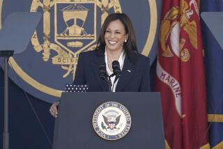 Vice President Kamala Harris speaks at the graduation and commission ceremony at the U.S. Naval Academy in Annapolis, Md., Friday, May 28, 2021. Harris is the first woman to give the graduation speech at the Naval Academy. (AP Photo/Julio Cortez)
